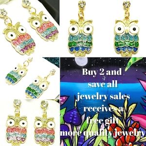2 sets Gold pink purple green sparkly crystal owl earrings